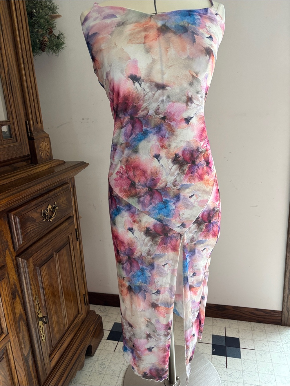 Caution To The Wind Strapless Watercolor Floral Midi Dress in Pink, Blue & Cream